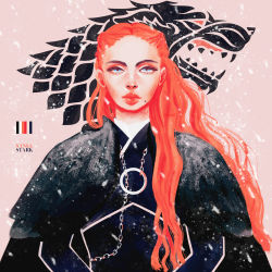 Rule 34 | 1girl, a song of ice and fire, artist name, blue eyes, chain, character name, closed mouth, cloud, commentary, english commentary, expressionless, game of thrones, lips, long hair, looking at viewer, mole, mole under mouth, nose, nostrils, orabelart, red hair, sansa stark, signature, snow, solo, straight-on, upper body