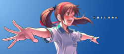 Rule 34 | 1girl, aoi sora (pairan), face, foreshortening, hairband, open mouth, original, outstretched arms, pairan, ribbon, round teeth, simple background, smile, solo, spread arms, teeth, twintails, wristband