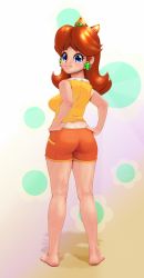 Rule 34 | 1girl, ass, back, barefoot, black-rayal, blue eyes, blush, breasts, brown hair, crown, earrings, feet, flower, flower earrings, freckles, from behind, full body, gradient background, hands on own hips, highres, jewelry, legs, long hair, looking at viewer, looking back, mario &amp; sonic at the olympic games, mario (series), mario tennis, nintendo, pantylines, princess daisy, shorts, smile, solo, standing, super mario bros. 1, super mario land, tomboy