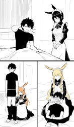 Rule 34 | 1boy, 3girls, adjusting another&#039;s clothes, alternate costume, apron, black dress, black hair, black male underwear, black pants, black shirt, blonde hair, boxer briefs, brushing another&#039;s teeth, closed eyes, comic, commentary, dress, enmaided, fate/grand order, fate (series), fujimaru ritsuka (male), geirskogul (fate), head wings, highres, hirunagi, indoors, lap pillow, long hair, lying, maid, maid apron, maid headdress, male underwear, multiple girls, official alternate costume, on bed, orange hair, ortlinde (fate), ortlinde (valkyrie style) (fate), pants, shirt, short hair, short sleeves, siblings, silent comic, sisters, thrud (fate), thrud (valkyrie style) (fate), underwear, undressing, undressing another, valkyrie (fate), wings