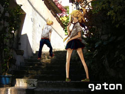 Rule 34 | 1boy, 1girl, ahoge, aqua eyes, bad id, bad pixiv id, bag, blonde hair, brother and sister, candy, faux traditional media, flower, food, from behind, hair ornament, hairclip, hand on own hip, handbag, hands in pocket, hands in pockets, hip focus, kagamine len, kagamine rin, legs, lollipop, looking back, necktie, plant, ponytail, school uniform, serafuku, shade, shoes, short hair, siblings, skirt, stairs, sunlight, tongue, twins, vocaloid, yuzuhara moke