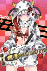 Rule 34 | 1girl, 2021, animal ears, bikini, blush, breasts, commentary request, cow ears, cow horns, earrings, english text, fake horns, fingerless gloves, gas mask, gloves, guitar, happy new year, hood, hoodie, horns, instrument, jewelry, katouken (ktn-works), looking at viewer, mask, mask around neck, multicolored background, new year, original, purple eyes, red bikini, red bull, red gloves, sidelocks, small breasts, smile, solo, swimsuit, white hair