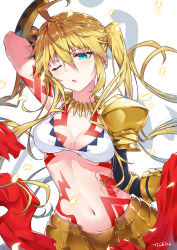 Rule 34 | 1girl, ;o, ahoge, angelica (fate/kaleid liner), angelica ainsworth, armor, armpits, blonde hair, blue eyes, bra, breasts, cleavage, cosplay, fate/kaleid liner prisma illya, fate (series), gilgamesh (fate), gilgamesh (fate) (cosplay), gloves, gold armor, highres, large breasts, long hair, looking at viewer, navel, one eye closed, open mouth, shadow, simple background, solo, tattoo, tsukino (nakajimaseiki), twintails, underwear, upper body, white background, white bra