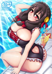 Rule 34 | 1girl, ass, bare shoulders, black hair, blush, bow, breasts, butt crack, from above, from behind, hair bow, hair ornament, highres, kono subarashii sekai ni shukufuku wo!, large breasts, leotard, long hair, looking at viewer, one-piece swimsuit, red eyes, sevie, shiny skin, smile, solo, swimsuit, yunyun (konosuba)