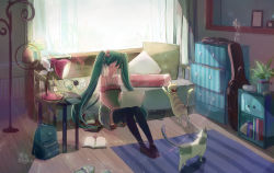 Rule 34 | 1girl, backpack, bag, book, bracelet, cat, earbuds, earphones, closed eyes, green hair, hatsune miku, headphones, highres, jewelry, lamp, long hair, necklace, open mouth, shadowsinking, shorts, sitting, thighhighs, twintails, very long hair, vocaloid, window
