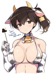 Rule 34 | 1girl, alternate costume, animal ears, animal print, artist name, bell, bikini, breasts, brown eyes, brown hair, chocolate, cow ears, cow horns, cow print, cowbell, dated, ear tag, elbow gloves, gloves, horns, kaga (kancolle), kantai collection, large breasts, long hair, looking at viewer, odawara hakone, one-hour drawing challenge, side ponytail, simple background, solo, stick, swimsuit, upper body, white background, white bikini, white gloves