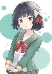Rule 34 | 1girl, :3, absurdres, black hair, blunt bangs, blush, bow, breasts, closed mouth, collarbone, commentary request, cowboy shot, dot nose, green jacket, green sailor collar, green serafuku, green skirt, hair bow, head tilt, highres, interlocked fingers, ishigaki (kancolle), jacket, kantai collection, long sleeves, looking at viewer, miniskirt, multicolored clothes, multicolored jacket, neck ribbon, own hands together, pleated skirt, polka dot, polka dot background, purple eyes, raised eyebrows, red bow, red ribbon, ribbon, sailor collar, school uniform, serafuku, short hair, skirt, small breasts, solo, tansui san (tcjp4784), thick eyelashes, three quarter view, white background, white bow