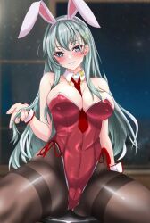 Rule 34 | 1girl, animal ears, aqua eyes, aqua hair, between breasts, blurry, blurry background, blush, breasts, cameltoe, commentary, detached collar, fake animal ears, hair between eyes, hair ornament, hairclip, highleg, highleg leotard, highres, kantai collection, large breasts, leotard, long hair, looking at viewer, necktie, necktie between breasts, night, night sky, nitamako (sakamalh), pantyhose, parted lips, playboy bunny, rabbit ears, red leotard, red necktie, sky, smile, solo, spread legs, strapless, strapless leotard, suzuya (kancolle), thick thighs, thighband pantyhose, thighs, window, wrist cuffs, x hair ornament