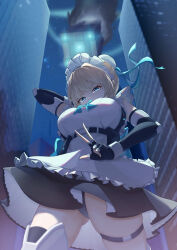 Rule 34 | 1girl, absurdres, apron, black gloves, blonde hair, blue archive, blue eyes, breasts, city, cowboy shot, dress, elbow gloves, fingerless gloves, from below, gloves, hair bun, highres, jiang (kplrt 07), large breasts, looking at viewer, maid, maid headdress, night, night sky, panties, pantyshot, skindentation, sky, solo, thigh strap, thighhighs, toki (blue archive), umbrella on arm, underwear, w, zettai ryouiki