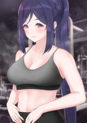 Rule 34 | 1girl, absurdres, arhah, bad id, bad pixiv id, bare shoulders, black pants, black tank top, blurry, blurry background, blush, breasts, cleavage, closed mouth, commentary request, grey tank top, high ponytail, highres, large breasts, long hair, love live!, love live! sunshine!!, matsuura kanan, midriff, navel, pants, parted bangs, purple eyes, sidelocks, sports bra, sweat, tank top, yoga pants