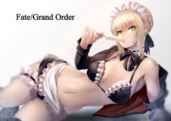 Rule 34 | 1girl, apron, artoria pendragon (all), artoria pendragon (alter swimsuit rider) (second ascension) (fate), artoria pendragon (fate), bare shoulders, bikini, blonde hair, braid, eating, fate/grand order, fate (series), food, hair ribbon, jacket, lying, maid, maid bikini, maid headdress, on side, popsicle, ribbon, saber alter, solo, sowel (sk3), swimsuit, thigh strap, thighhighs, unconventional maid, white background, yellow eyes