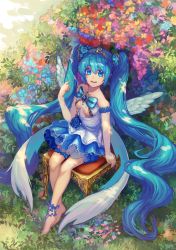 Rule 34 | 1girl, barefoot, blue bow, blue eyes, blue flower, blue hair, blue skirt, blue wings, bow, breasts, cleavage, detached sleeves, feathered wings, floating hair, flower, from above, full body, hair between eyes, hair flower, hair ornament, hatsune miku, highres, kozou kazaru, long hair, looking at viewer, miniskirt, open mouth, outdoors, see-through, sitting, skirt, small breasts, solo, twintails, very long hair, vocaloid, wings