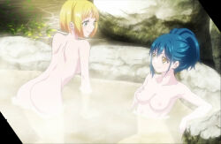 Rule 34 | 2girls, anime screenshot, ass, azuma himari (mato seihei no slave), back, bathing, blonde hair, blue hair, breasts, collarbone, completely nude, green eyes, hand on own chest, highres, large breasts, mato seihei no slave, multiple girls, nipples, nude, screencap, short hair, shoulder blades, sidelocks, smile, stitched, suruga shushu, thighs, third-party edit, water, yellow eyes