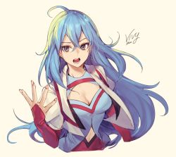 Rule 34 | 1girl, ahoge, blue eyes, blue hair, breasts, character name, cleavage, clothing cutout, commentary, cropped jacket, earrings, english commentary, hair between eyes, highres, jacket, jewelry, long hair, looking at viewer, medium breasts, navel cutout, open mouth, simple background, solo, upper body, velahka, vivy, vivy: fluorite eye&#039;s song, white background
