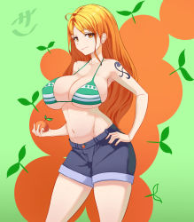 Rule 34 | 1girl, 47 hard, armpits, blush, breasts, cleavage, highres, large breasts, long hair, looking at viewer, nami (one piece), navel, one piece, orange hair, smile, solo, swimsuit, tattoo, underboob