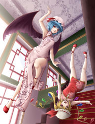 Rule 34 | 2girls, alternate costume, armpits, bad id, bad pixiv id, bat wings, blonde hair, blue hair, ceiling, china dress, chinese clothes, dress, female focus, flandre scarlet, floating, hat, highres, mochi.f, multiple girls, no socks, ponytail, red eyes, remilia scarlet, rotational symmetry, short hair, siblings, side ponytail, side slit, sisters, stairs, touhou, upside-down, window, wings