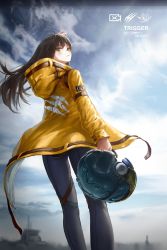Rule 34 | 1girl, ace combat, ace combat 7: skies unknown, arm up, artist request, brown eyes, brown hair, dated, emblem, from behind, gender request, genderswap, hair between eyes, helmet, highres, holding, holding helmet, hood, hooded jacket, jacket, long hair, looking at viewer, namco, sky, solo, trigger (ace combat)