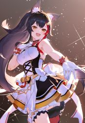 Rule 34 | 1girl, animal ear fluff, animal ears, bell, black hair, breasts, commentary, concert, corset, crowd, dress, full body, gloves, glowstick, hair ornament, hand on own chest, highres, hololive, idol, izumi sai, long hair, medium breasts, multicolored hair, official alternate costume, ookami mio, open mouth, ponytail, red hair, red thighhighs, short dress, single thighhigh, sleeveless, sleeveless dress, smile, solo, standing, standing on one leg, streaked hair, tail, tail wrap, thigh strap, thighhighs, two-tone hair, virtual youtuber, white dress, white gloves, wolf ears, wolf tail