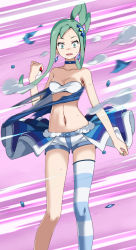 Rule 34 | 1girl, aqua eyes, aqua hair, aqua nails, asymmetrical legwear, blue collar, bra, breasts, cleavage, collar, collarbone, creatures (company), earrings, game freak, hair ornament, high ponytail, highres, holding, holding poke ball, jewelry, lisia (pokemon), long hair, looking at viewer, medium breasts, midriff, motion blur, nail polish, navel, nintendo, open mouth, overskirt, poke ball, pokemon, pokemon oras, purple background, scared, short shorts, shorts, single thighhigh, solo, standing, stomach, strapless, strapless bra, striped clothes, striped thighhighs, tearing clothes, thighhighs, torn clothes, tsukishiro saika, underwear, white bra, white shorts