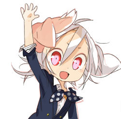 Rule 34 | 1girl, amiami, animal ears, female focus, open mouth, original, pink eyes, raising hand, simple background, solo, white background