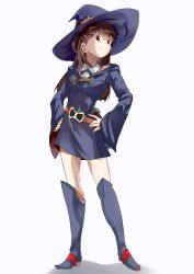 Rule 34 | 10s, 1girl, blunt bangs, boots, brown hair, contrapposto, hands on own hips, hat, kagari atsuko, knee boots, little witch academia, looking at viewer, red eyes, shirowa, smile, solo, standing, thighs, white background, wide sleeves, witch, witch hat