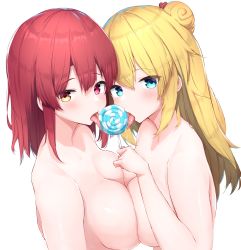 Rule 34 | 2girls, absurdres, akai haato, blonde hair, blue hair, blush, breast press, candy, completely nude, food, hair ornament, heart, heart hair ornament, heterochromia, highres, hololive, houshou marine, lollipop, multiple girls, nai (cnoadi8), nude, red eyes, red hair, saliva, sharing food, tongue, tongue out, virtual youtuber, yellow eyes, yuri
