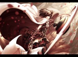 Rule 34 | 10s, 1girl, 2015, brown hair, cape, chain, company name, copyright name, cowboy shot, dishwasher1910, fingerless gloves, gloves, highres, letterboxed, petals, rwby, grey eyes, solo, summer rose, thighhighs, watermark, weapon, web address, white cape