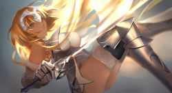Rule 34 | 1girl, armor, armored boots, armpits, ass, bad id, bad pixiv id, bare shoulders, blonde hair, boots, breasts, brown eyes, chain, closed mouth, fate/apocrypha, fate (series), gauntlets, gold chain, grey background, headpiece, hei tong shi, highres, holding, holding sword, holding weapon, jeanne d&#039;arc (fate), jeanne d&#039;arc (ruler) (fate), jeanne d&#039;arc (third ascension) (fate), large breasts, long hair, armored boots, rotated, see-through, simple background, smile, solo, standing, sword, thighhighs, thighs, underbust, unsheathed, very long hair, weapon, white thighhighs
