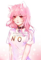 Rule 34 | 1girl, animal ears, artist name, bell, black collar, blush, breasts, cat ears, cat girl, closed mouth, clothes writing, collar, english text, expressive clothes, looking at viewer, neck bell, no, original, pink hair, pink lips, pink shirt, red eyes, ruuto-kun, shirt, short sleeves, simple background, small breasts, solo, t-shirt, twitter username, v arms, watermark, white background
