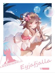 Rule 34 | 1girl, :o, absurdres, animal ears, arknights, bare shoulders, beach, blue sky, blush, brown hair, bubble, blowing bubbles, character name, cloud, cloudy sky, day, eyjafjalla (arknights), eyjafjalla (summer flower) (arknights), flower, hair flaps, hair flower, hair ornament, highres, holding, horns, juweibingbang, long hair, looking at viewer, lying, official alternate costume, on stomach, one-piece swimsuit, open mouth, outdoors, parted bangs, pink eyes, pink one-piece swimsuit, rhodes island logo (arknights), sheep ears, sheep horns, sidelocks, sky, solo, swimsuit