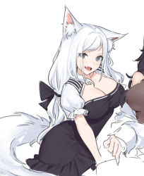 Rule 34 | 2girls, :d, animal ear fluff, animal ears, black dress, breasts, cleavage, contrapposto, dress, fangs, fox ears, fox tail, grey eyes, large breasts, long hair, looking at viewer, low-tied long hair, multiple girls, open mouth, original, puffy short sleeves, puffy sleeves, short sleeves, shrug (clothing), simple background, siun, skin fangs, smile, solo focus, tail, white background, white hair