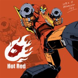 Rule 34 | 1980s (style), 1boy, artist name, autobot, car, full body, glowing, gun, holding, holding gun, holding weapon, hot rod (transformers), insignia, kamizono (spookyhouse), looking at viewer, machine, machinery, male focus, mecha, motor vehicle, no humans, oldschool, open mouth, orange background, retro artstyle, robot, smile, solo, transformers, twitter username, vehicle, weapon