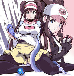 Rule 34 | 2girls, bare shoulders, baseball cap, black gloves, black legwear, black vest, blue eyes, blue sleeves, breasts, brown hair, choker, closed mouth, collarbone, commentary request, creatures (company), curly hair, double bun, dragonair, game freak, gen 1 pokemon, gloves, great ball, hair bun, hand up, hat, high ponytail, hilda (pokemon), holding, holding poke ball, kamisimo 90, long hair, looking at viewer, medium breasts, multiple girls, nintendo, pantyhose, pantyhose under shorts, poke ball, poke ball (basic), poke ball print, pokemon, pokemon (creature), pokemon bw, pokemon bw2, ponytail, print shirt, raglan sleeves, rosa (pokemon), shirt, shorts, sidelocks, simple background, sitting, sleeveless, sleeveless shirt, smile, thighs, twintails, vest, visor cap, white background, white shirt, yellow shorts