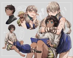 Rule 34 | 1boy, 1girl, affectionate, aged down, anger vein, arm wrap, black hair, blonde hair, blue eyes, book, child, closed eyes, dark-skinned male, dark skin, doll, dungeon meshi, elf, head kiss, highres, holding, holding book, hug, hug from behind, kabru, kneeling, koke uzm, long hair, lying, milsiril (dungeon meshi), mother and son, motherly, multiple scars, multiple views, pointy ears, puppet, scar, scar on arm, shirt, short hair, simple background, sitting, sleeveless, smelling, tearing up, tunic