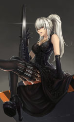 Rule 34 | 1girl, arm blade, black gloves, black thighhighs, blade, breasts, callidus, corset, cross-laced clothes, dantewontdie, elbow gloves, gloves, grey background, highres, knife, long hair, ponytail, silver hair, simple background, sitting, smile, solo, thighhighs, warhammer 40k, weapon