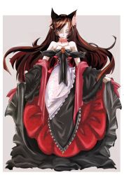 Rule 34 | 1girl, adapted costume, akiro atalanta, animal ears, bare shoulders, brooch, brown hair, collarbone, detached collar, detached sleeves, deviantart thumbnail, dress, fur trim, gem, grey background, highres, imaizumi kagerou, jewelry, long dress, long hair, looking at viewer, off-shoulder dress, off shoulder, red dress, red eyes, simple background, smile, solo, standing, touhou, wolf ears