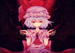 Rule 34 | black background, collared dress, dress, hair between eyes, hat, highres, mob cap, pink hat, remilia scarlet, simple background, solo, tagme, tomoe (fdhs5855), touhou