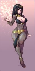 Rule 34 | 1girl, black eyes, black hair, bodysuit, bracelet, breasts, cleavage, covered navel, curvy, fire emblem, fire emblem awakening, full body, hair ornament, highres, jewelry, large breasts, long hair, looking at viewer, mandragoria, nintendo, parted lips, see-through, smile, solo, standing, tharja (fire emblem), thick thighs, thighs, tiara, wide hips