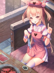Rule 34 | 1girl, absurdres, apron, armband, bandages, blush, rabbit hair ornament, food, hair ornament, hat, heart, highres, index finger raised, light brown hair, long hair, looking at viewer, meat, nail polish, natori sana, nurse cap, open mouth, pink apron, red eyes, red nails, sana channel, short sleeves, sitting, smile, solo, table, tmtl aos, tongs, two side up, very long hair, virtual youtuber, yakiniku
