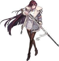 Rule 34 | 1girl, ankle boots, black thighhighs, blue eyes, bolt action, boots, brown eyes, dress, full body, game cg, gun, hair between eyes, heterochromia, highres, knee boots, last origin, long hair, looking away, mosin-nagant, official art, purple hair, rifle, rorobomb, short dress, sniper rifle, solo, tachi-e, thighhighs, transparent background, valkyrie (last origin), very long hair, weapon, white dress