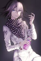 Rule 34 | 1boy, black scarf, bottle, brown background, buttons, checkered clothes, checkered scarf, cowboy shot, danganronpa (series), danganronpa v3: killing harmony, double-breasted, fanta, gradient background, grey jacket, grey pants, hair between eyes, hand up, highres, holding, holding bottle, holding dice, jacket, long sleeves, looking at viewer, male focus, medium hair, oma kokichi, pants, scarf, smile, solo, teeth, upper teeth only, white scarf, wowishi