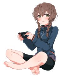 Rule 34 | 1girl, amane suzuha, barefoot, bike shorts, black shorts, blue jacket, blush, braid, breasts, brown hair, feet, full body, greek toe, green eyes, highres, indian style, jacket, kahlua (artist), long sleeves, looking at viewer, medium hair, nintendo switch, parted lips, playing games, shorts, side braids, simple background, sitting, small breasts, soles, solo, steins;gate, toes, track jacket, twin braids, white background, zipper