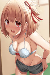 Rule 34 | 1girl, absurdres, blonde hair, bra, breasts, cleavage, dressing, highres, large breasts, lycoris recoil, nishikigi chisato, poa mellhen, red eyes, short hair, shorts, solo, thighs, underwear