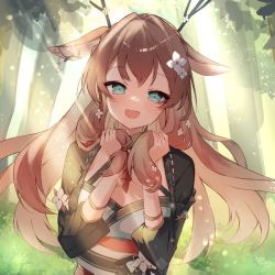Rule 34 | 1girl, animal ears, antlers, black kimono, blue eyes, breasts, brown hair, bush, commission, dappled sunlight, deer antlers, deer ears, deer girl, flower, forest, hair flower, hair ornament, holding, holding own hair, horns, indie virtual youtuber, japanese clothes, kimono, lion2610, long hair, looking at viewer, lunia (vtuber), nature, open mouth, ribbon, skeb commission, smile, solo, sunlight, tree, virtual youtuber, white flower