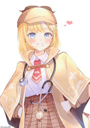 Rule 34 | 1girl, :d, blonde hair, blue eyes, bob cut, brown capelet, brown coat, brown hat, brown skirt, capelet, coat, collared shirt, commentary, deerstalker, detective, grin, hair ornament, hands on own hips, hat, heart, high-waist skirt, highres, hololive, hololive english, komatsu (komatsuu123), light blush, necktie, open mouth, plaid, plaid skirt, pocket watch, red necktie, shirt, short hair, short necktie, simple background, skirt, smile, solo, standing, stethoscope, teeth, translated, virtual youtuber, watch, watson amelia, white background, white shirt