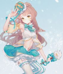 Rule 34 | 1girl, absurdres, aqua ribbon, aqua skirt, arm up, asymmetrical legwear, bird, blue background, breasts, brown hair, closed mouth, detached sleeves, duck, frilled hat, frilled skirt, frilled thighhighs, frills, hat, highres, holding, holding wand, lizzu, long hair, looking at viewer, love live!, midriff, minami kotori, mismatched legwear, navel, puffy sleeves, ribbon, ribbon-trimmed thighhighs, ribbon trim, shirt, skinny, skirt, small breasts, smile, snowflakes, snowing, solo, standing, striped clothes, striped thighhighs, thighhighs, wand, white shirt, yellow eyes, yellow sleeves