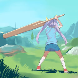Rule 34 | 1girl, a1 (initial-g), antenna hair, blue sky, commentary request, day, from behind, full body, grass, hair ribbon, long hair, miyauchi renge, mountain, non non biyori, outdoors, paddle, purple hair, red footwear, ribbon, shoes, sky, sneakers, socks, solo, standing, twintails, white socks, yellow ribbon