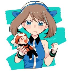 Rule 34 | 1girl, bandana, blue bandana, blue eyes, blue shirt, blush, brendan (pokemon), brown hair, character doll, clenched hand, closed mouth, collared shirt, commentary request, creatures (company), doll, fang, fang out, fingerless gloves, game freak, gloves, hands up, holding, holding doll, looking down, may (pokemon), medium hair, nintendo, pokemon, pokemon adventures, shirou (shiro uzr), shirt, sleeveless, sleeveless shirt, solo, sweatdrop, upper body, white gloves