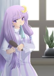 Rule 34 | 1girl, bad id, bad pixiv id, blunt bangs, blush, brushing hair, brushing own hair, crescent, crescent hair ornament, female focus, hair brush, hair ornament, hairdressing, iganseijin, long hair, mouth hold, no headwear, patchouli knowledge, purple eyes, purple hair, ribbon, smile, solo, touhou, window