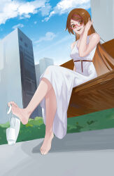 Rule 34 | 1girl, absurdres, barefoot, brown eyes, brown hair, dead mount death play, dress, extreme dangling, feet, glasses, highres, long hair, looking at viewer, open mouth, sakimiya misaki, shoe dangle, shoes, sitting, soles, toes, unworn shoes, zipora